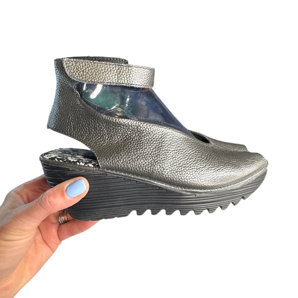 bernie mev. Metallic Pewter Wedge Sandals
